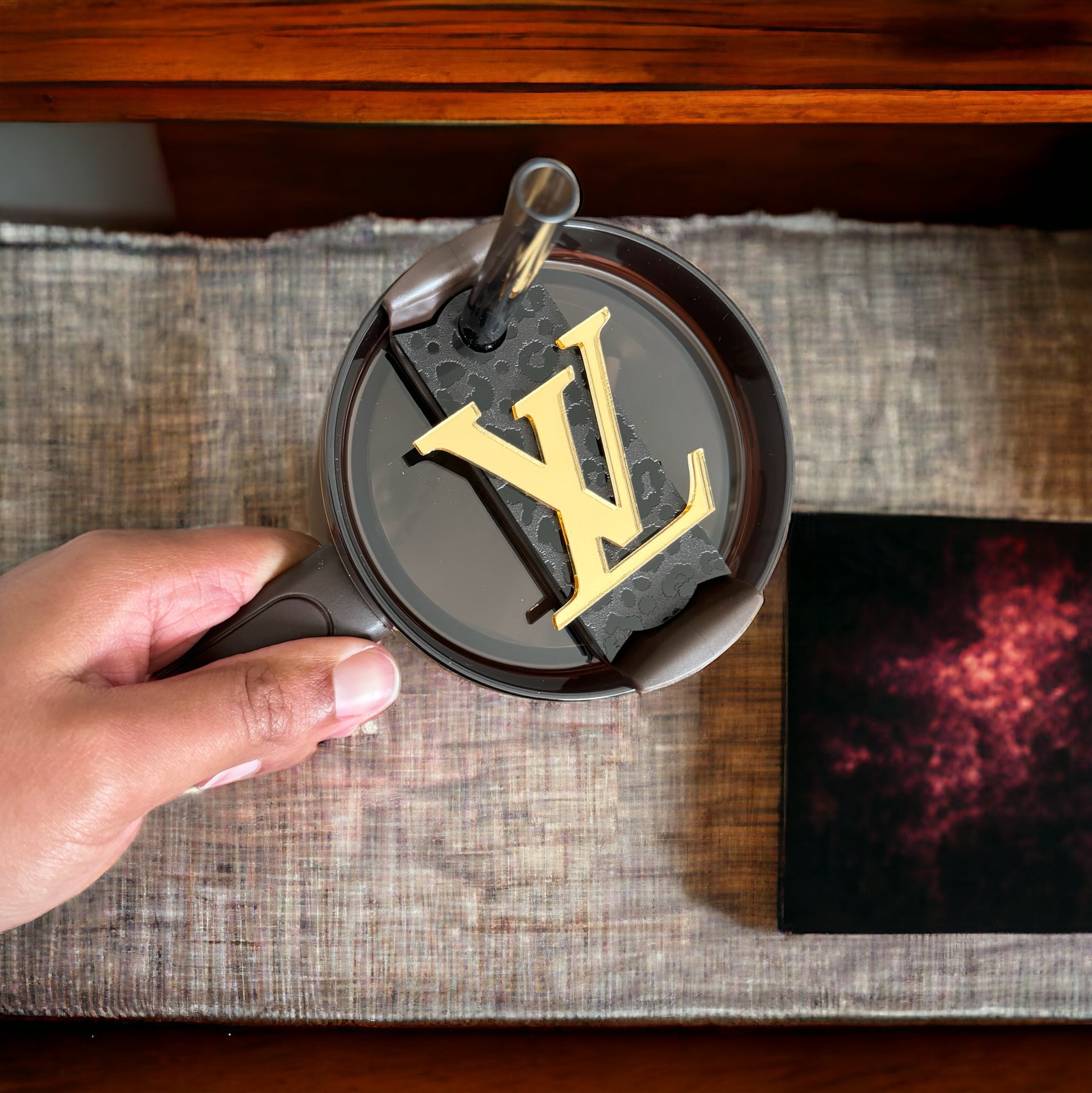 Luxury Tumbler Topper- Black Leopard/Gold