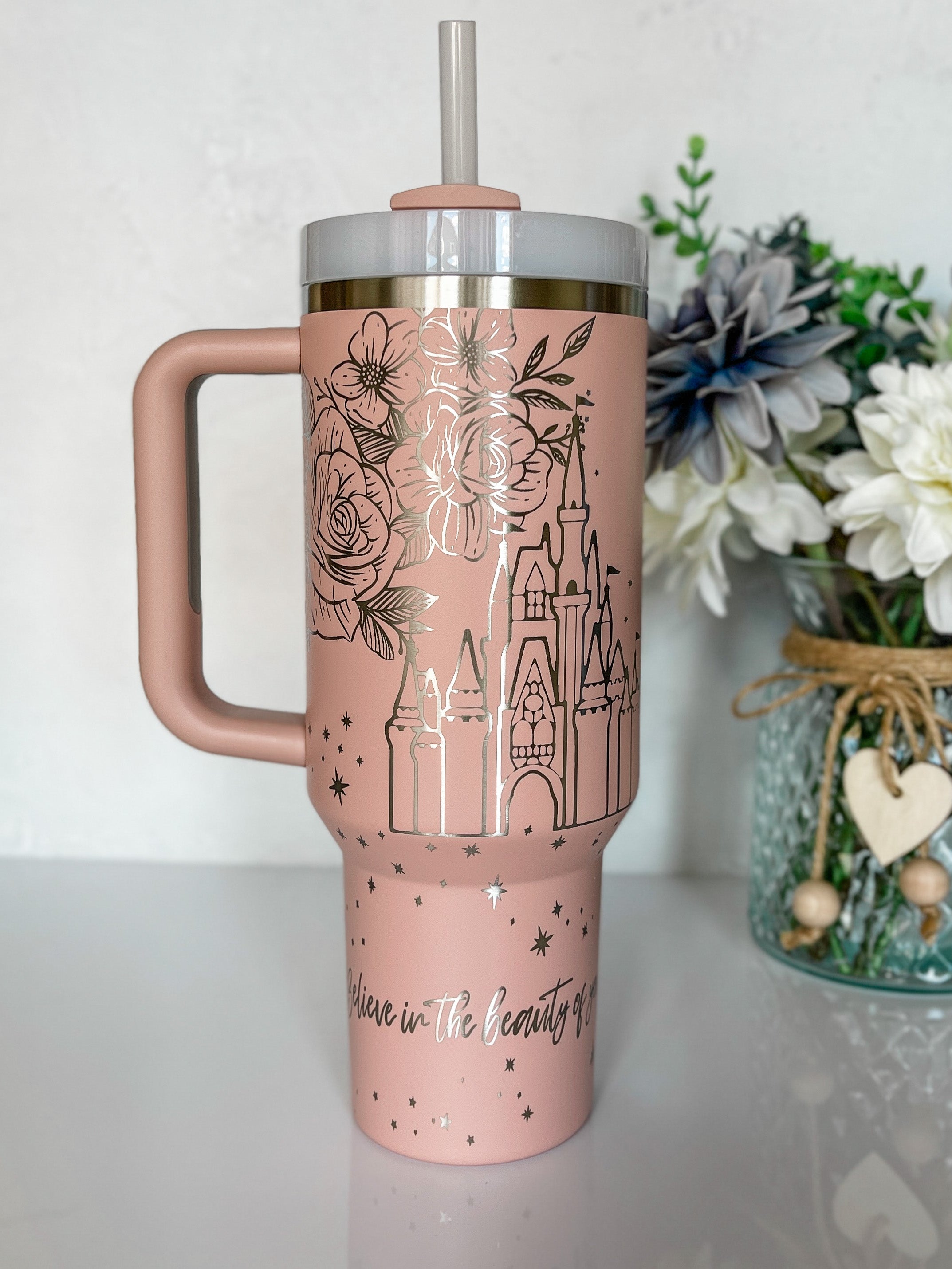 Peach Stanley Cup, Limited Edition 40oz Tumbler with Handle,Laser Engraved  Floral Lace Full Wrap Design, Gift for Her, Birthday Gift